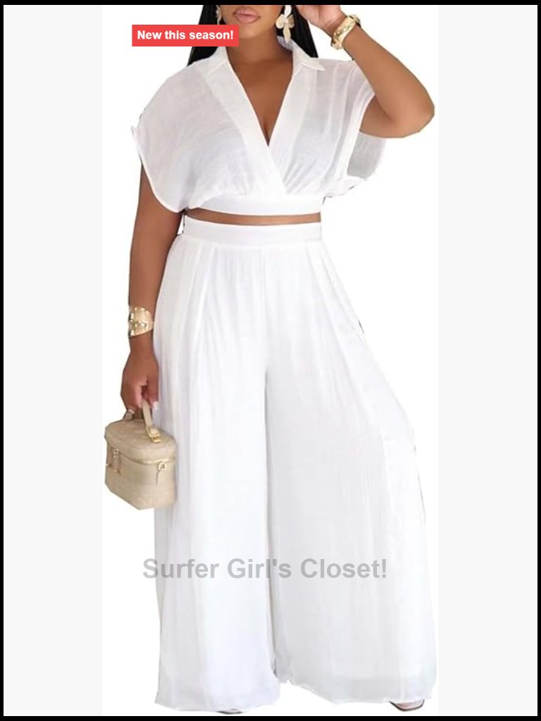 Wrap V Neck Crop Top Wide Leg Pants Set 2 Piece Outfit Travel Vacation